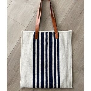 Universal Thread Cotton Woven Tote Blue Striped & Faux Leather Handles